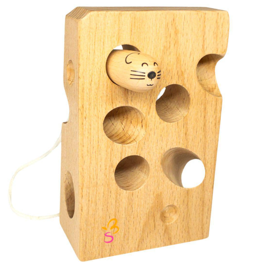 Light Goldenrod Wooden Mouse and Cheese Threading & Lacing Montessori Toys