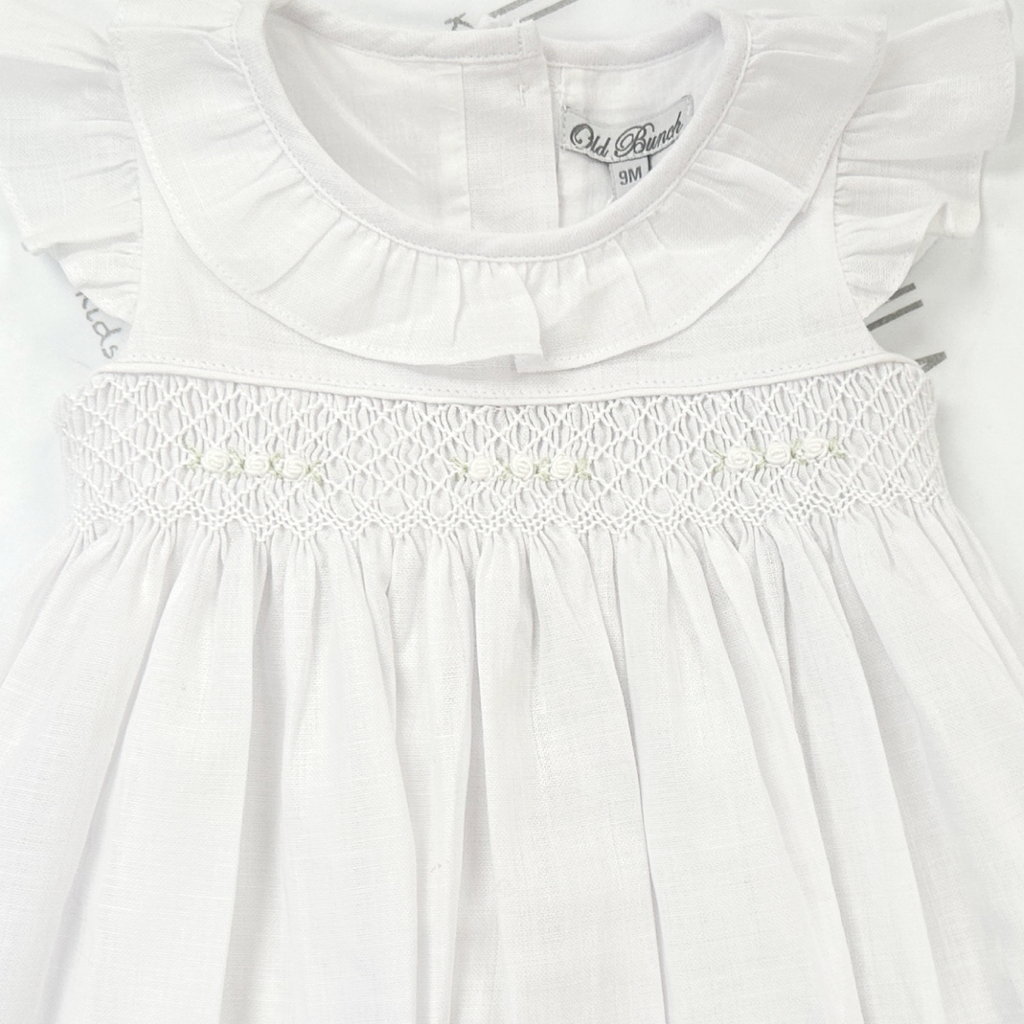 Beige Dress White Linen Smock Flowers Embroidery 4308001