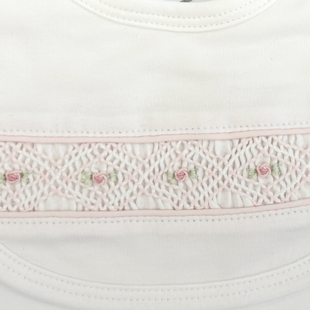Antique White Pink Smock Pima Bib Flowers Embroidery 370802403