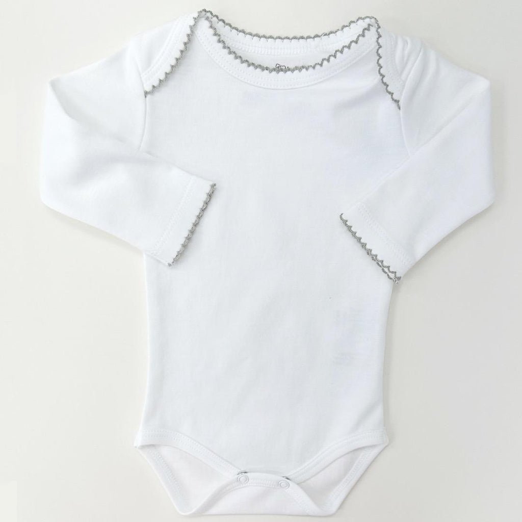 Bodysuit Long Sleeve White with Embroidery Pima Cotton