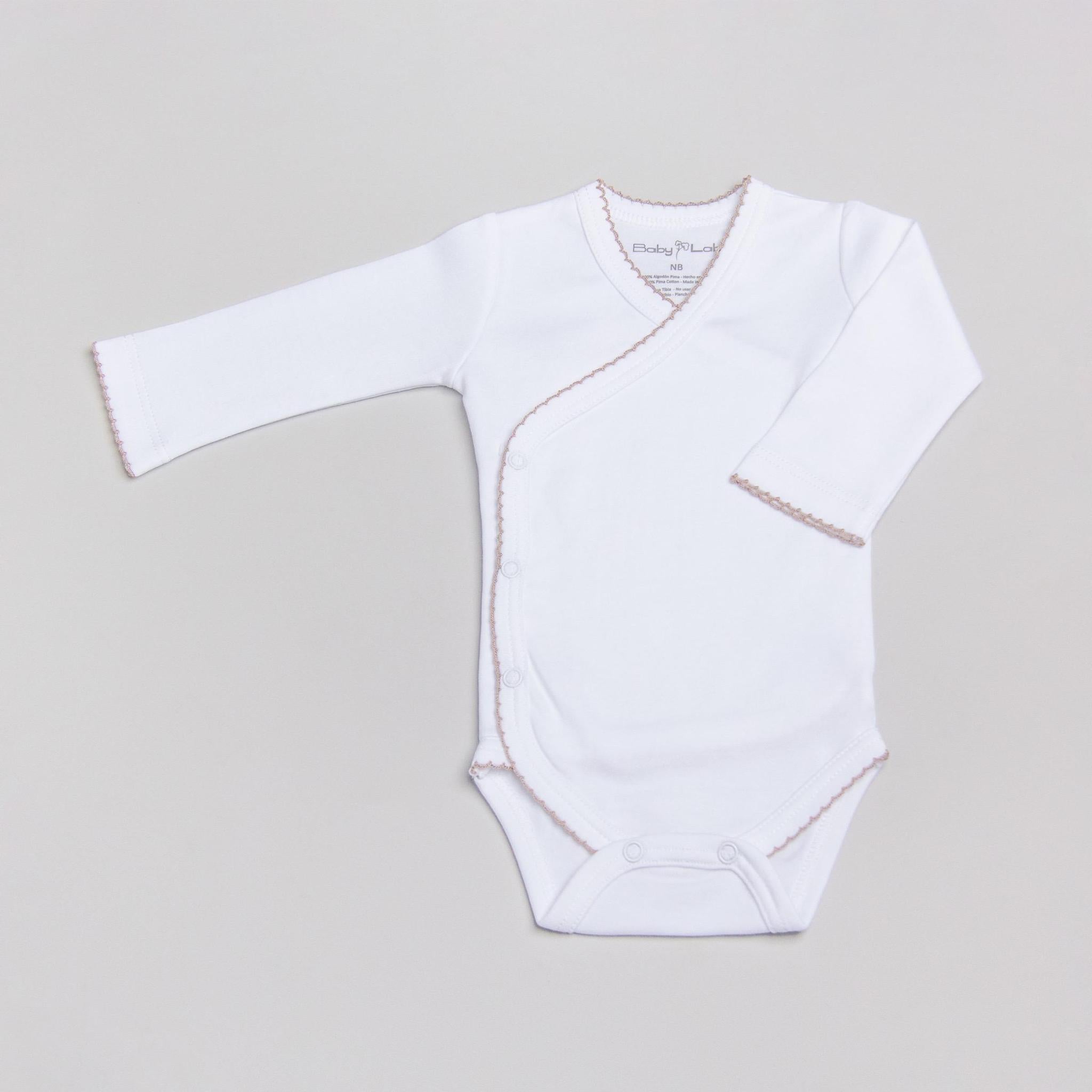 Onbekwaamheid Pa microscopisch Bodysuit Kimono White with Picot Edges Beige Pima Cotton at $24.00 from  Vila Kids