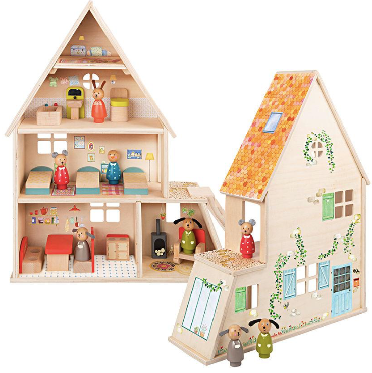 Light Gray Wooden Playhouse with Furniture La Grande Famille