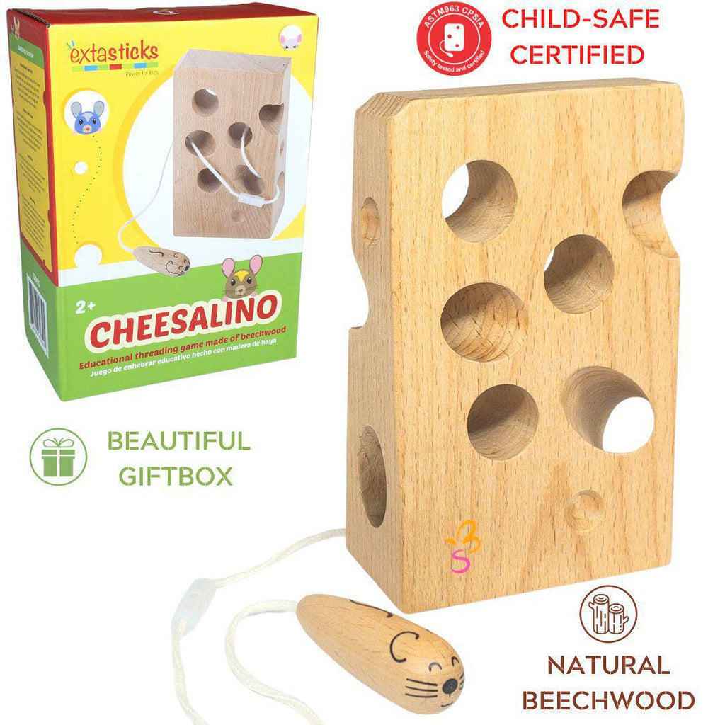 Tan Wooden Mouse and Cheese Threading & Lacing Montessori Toys