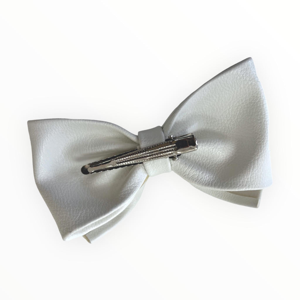 Light Gray White Bow Hair Clip Leather