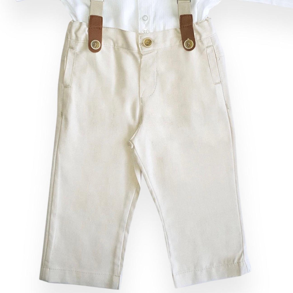 Light Gray Set Pants with Suspender Beige Long Sleeve White