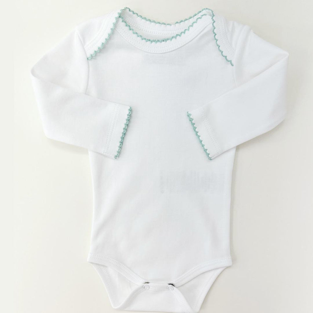 Lavender Bodysuit Long Sleeve White with Embroidery Pima Cotton