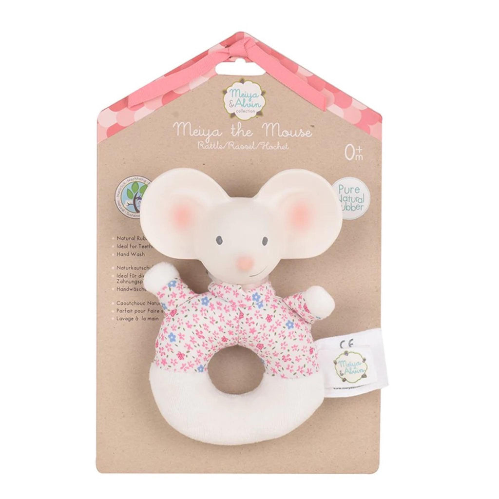 Light Gray Meiya the Mouse - Soft Rattle & Teether with Organic Natural Rubber Head