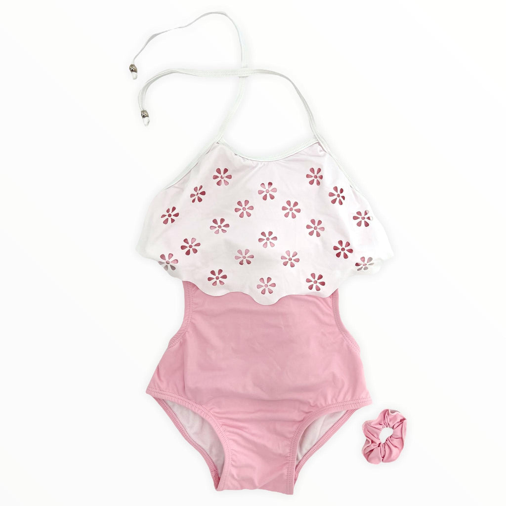 Misty Rose Swimwear Girl One Piece Light Pink and White details
