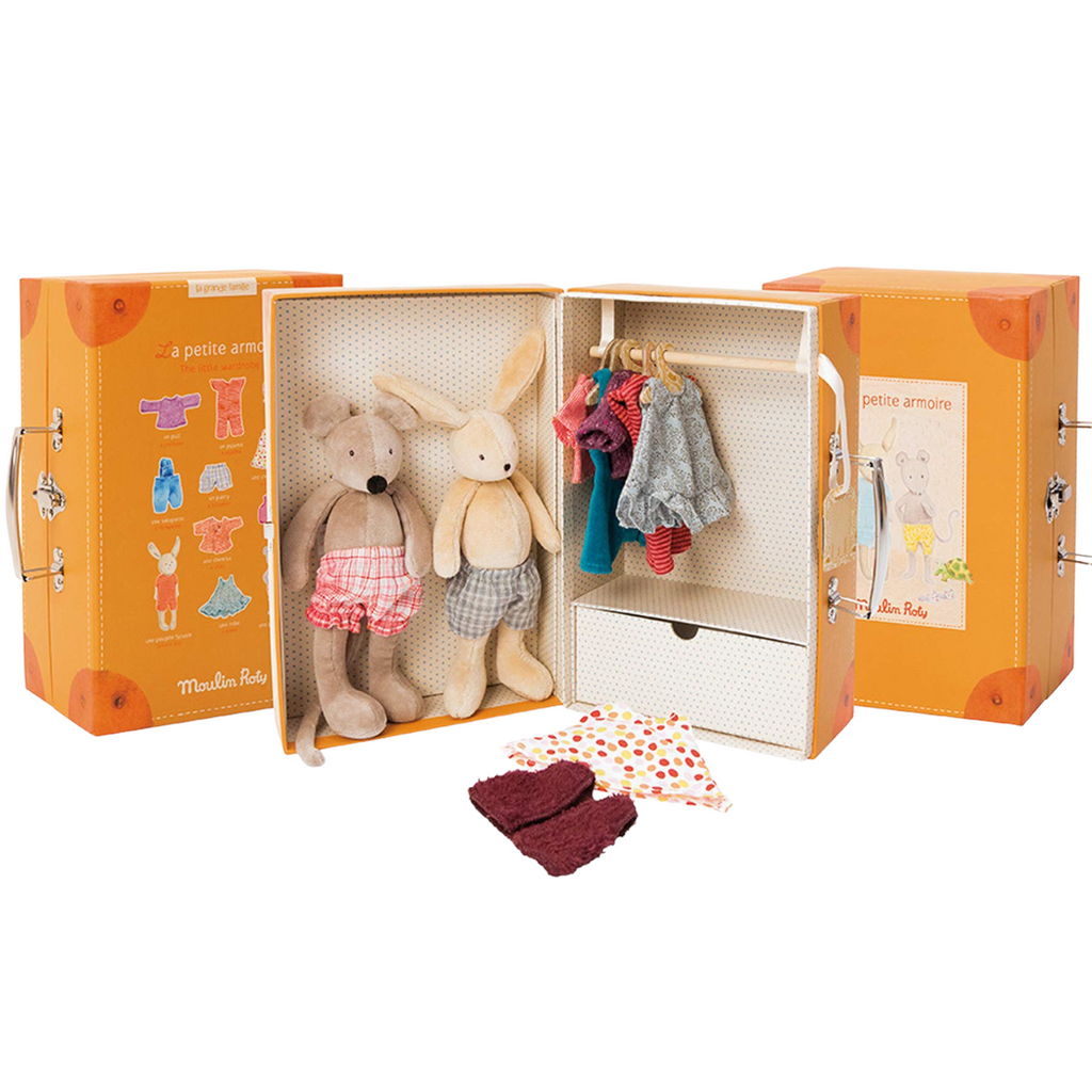 Sandy Brown La Grande Famille Suitcase - Bunny & Mouse Wardrobe - Stuffed Toy